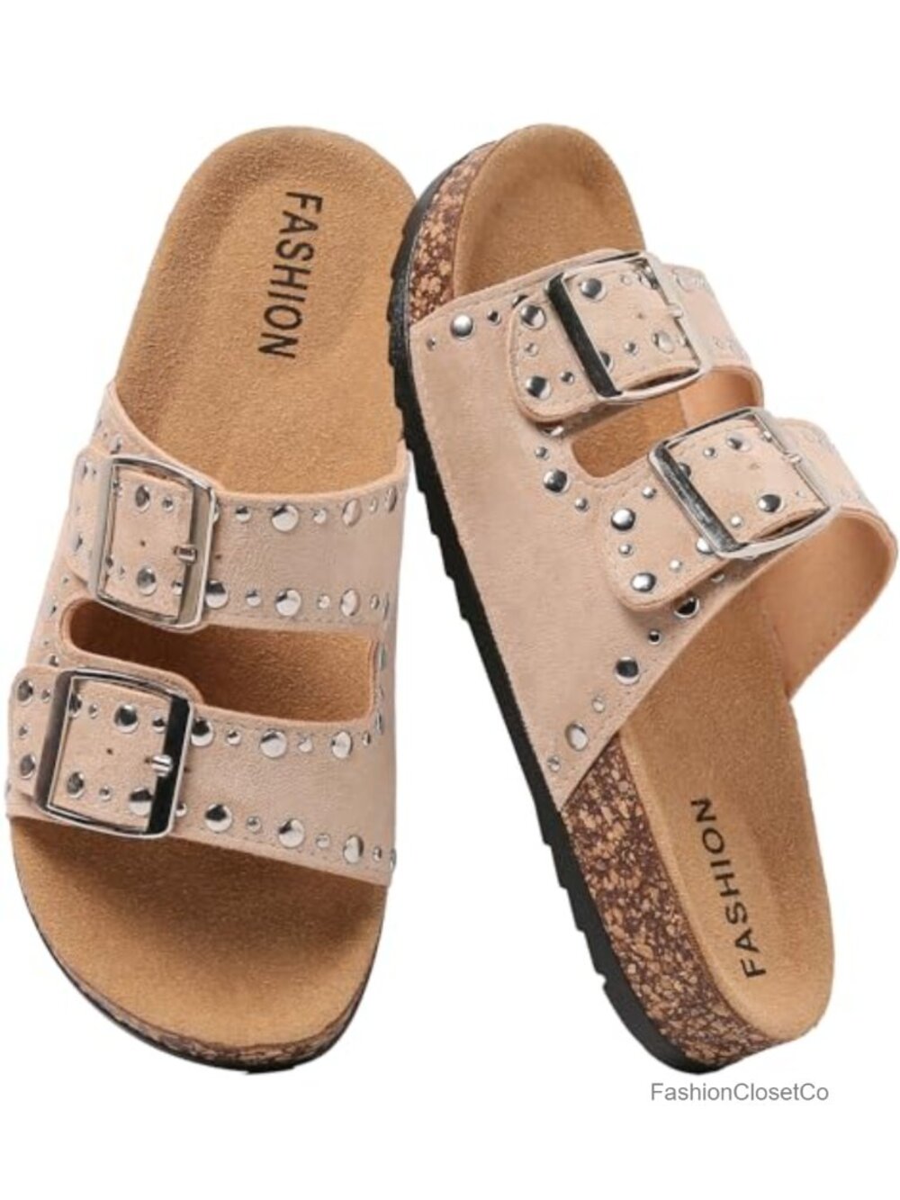 Studded Cork Footbed Slide Sandals with Adjustable Buckles for Women